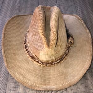 Country Gentleman’s Corduroy Wide Brim Ranch Hat in Tan Feather and braid accent